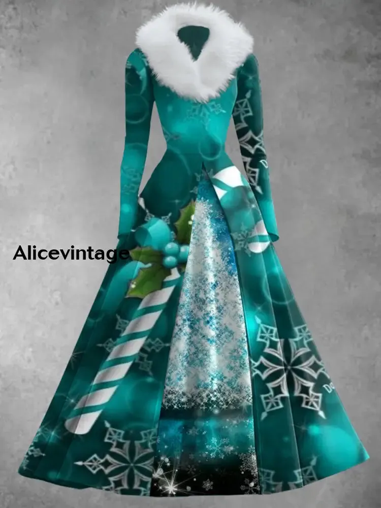 Christmas Snowflake Print Vintage Elegant Long Sleeve Maxi Dress Fake Two-Piece Dress