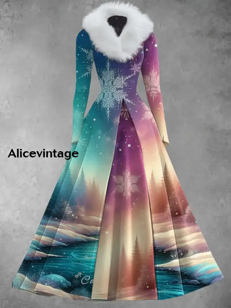 Christmas Snowflake Print Vintage Elegant Long Sleeve Maxi Dress Fake Two-Piece Dress