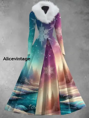 Christmas Snowflake Print Vintage Elegant Long Sleeve Maxi Dress Fake Two-Piece Dress