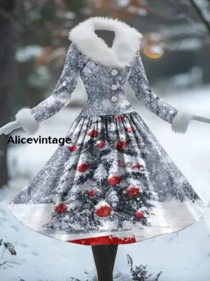 Christmas Tree Art Print Vintage Elegant Fur Collar Long Sleeve Midi Dress