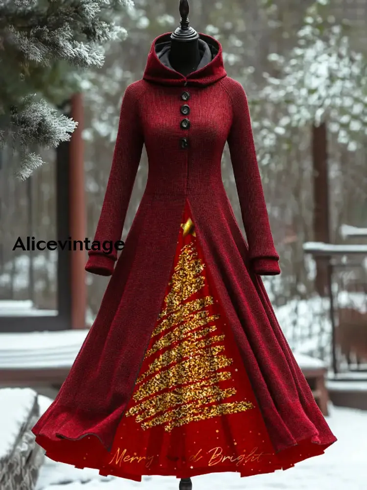Christmas Tree Art Print Vintage Elegant Long Sleeve Fake Two Piece Hooded Dress