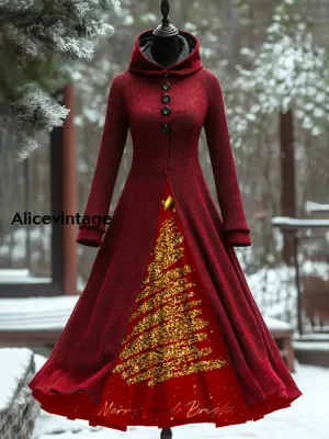 Christmas Tree Art Print Vintage Elegant Long Sleeve Fake Two Piece Hooded Dress