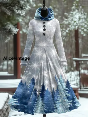 Christmas Tree Art Print Vintage Elegant Long Sleeve Fake Two Piece Maxi Dress
