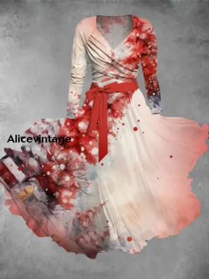 Christmas Tree Art Print Vintage Elegant V-Neck Long Sleeve Two Piece Midi Dress
