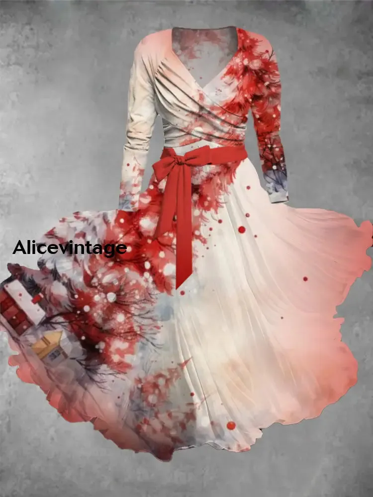 Christmas Tree Art Print Vintage Elegant V-Neck Long Sleeve Two Piece Midi Dress