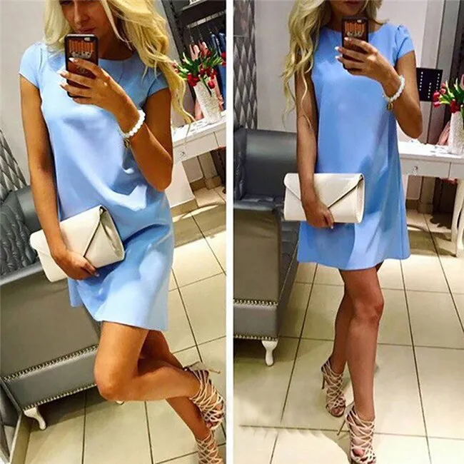 CityHottie - Women Female Short Sleeve Loose Mini Short A-line Dresses Summer Beach Casual Dress Candy Color S-XXL