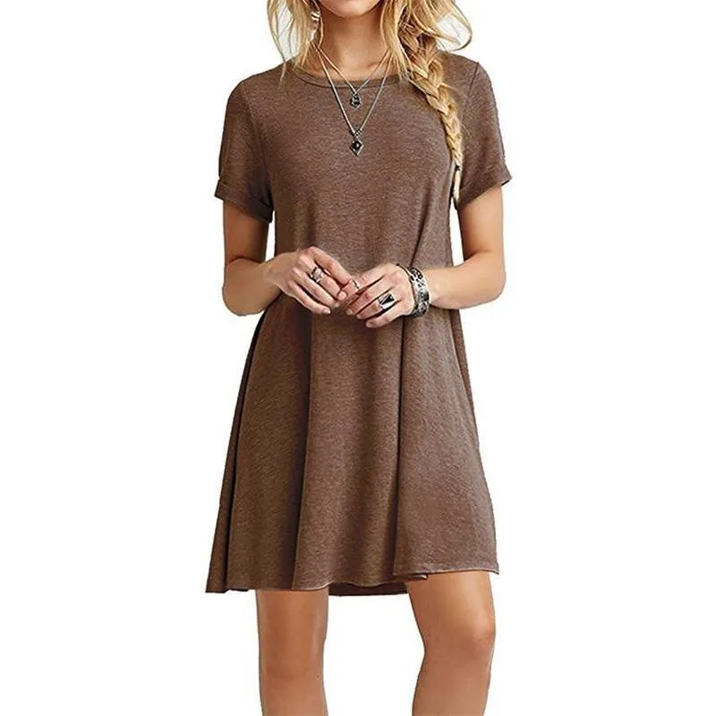 CityHottie - Women Female Short Sleeve Loose Mini Short A-line Dresses Summer Beach Casual Dress Candy Color S-XXL