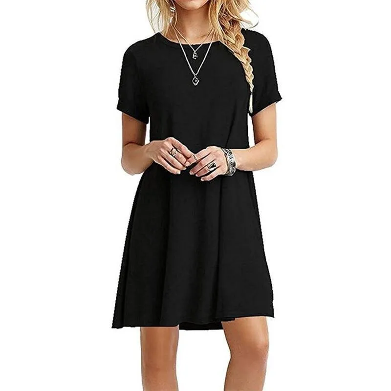 CityHottie - Women Female Short Sleeve Loose Mini Short A-line Dresses Summer Beach Casual Dress Candy Color S-XXL