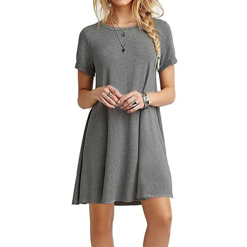 CityHottie - Women Female Short Sleeve Loose Mini Short A-line Dresses Summer Beach Casual Dress Candy Color S-XXL