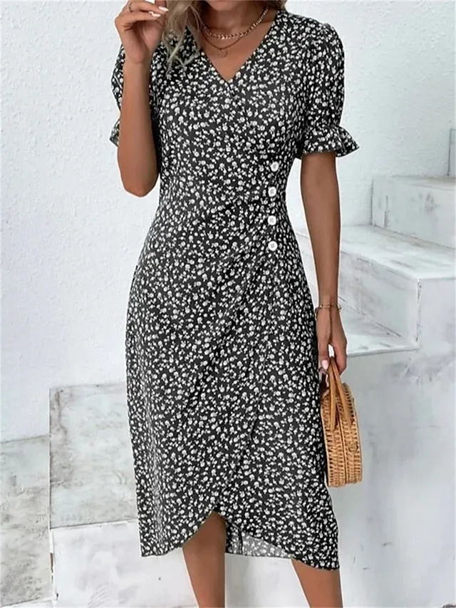 CityHottie - Women's Casual Dress Wrap Dress Floral Dress Floral Button Print V Neck Midi Dress Fashion Classic Daily Holiday Short Sleeve Regular Fit Black Dark Red Yellow Summer Spring S M L XL XXL