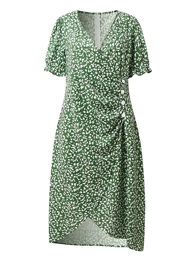 CityHottie - Women's Casual Dress Wrap Dress Floral Dress Floral Button Print V Neck Midi Dress Fashion Classic Daily Holiday Short Sleeve Regular Fit Black Dark Red Yellow Summer Spring S M L XL XXL