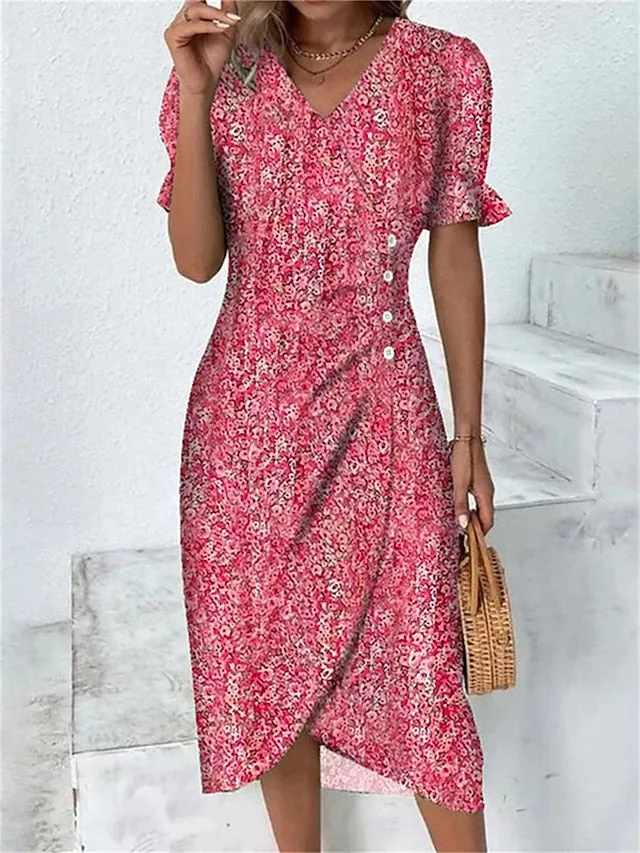 CityHottie - Women's Casual Dress Wrap Dress Floral Dress Floral Button Print V Neck Midi Dress Fashion Classic Daily Holiday Short Sleeve Regular Fit Black Dark Red Yellow Summer Spring S M L XL XXL