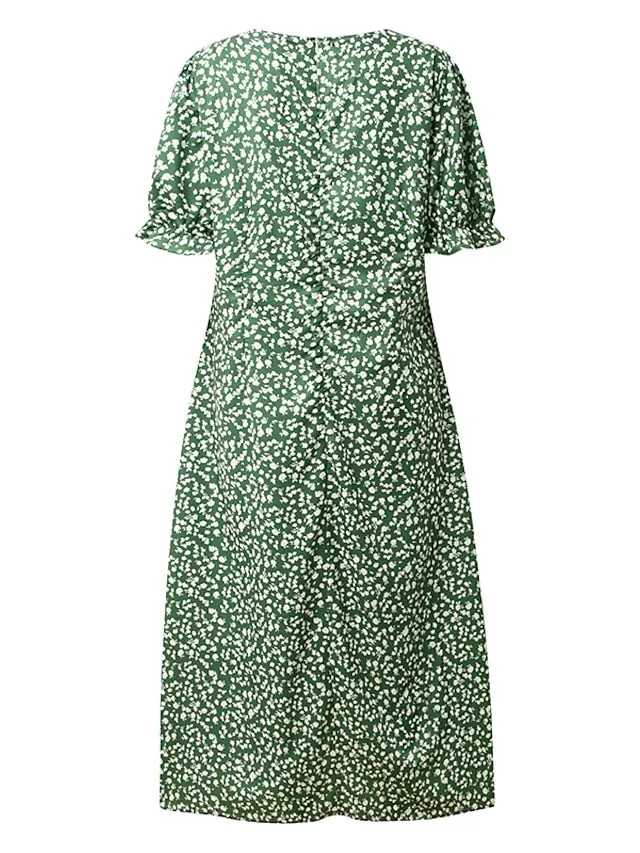CityHottie - Women's Casual Dress Wrap Dress Floral Dress Floral Button Print V Neck Midi Dress Fashion Classic Daily Holiday Short Sleeve Regular Fit Black Dark Red Yellow Summer Spring S M L XL XXL