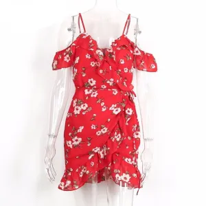 Cold shoulder ruffle print summer dress women High waist strap chiffon beach dress Boho party sexy dresses
