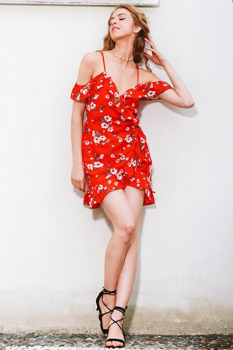 Cold shoulder ruffle print summer dress women High waist strap chiffon beach dress Boho party sexy dresses