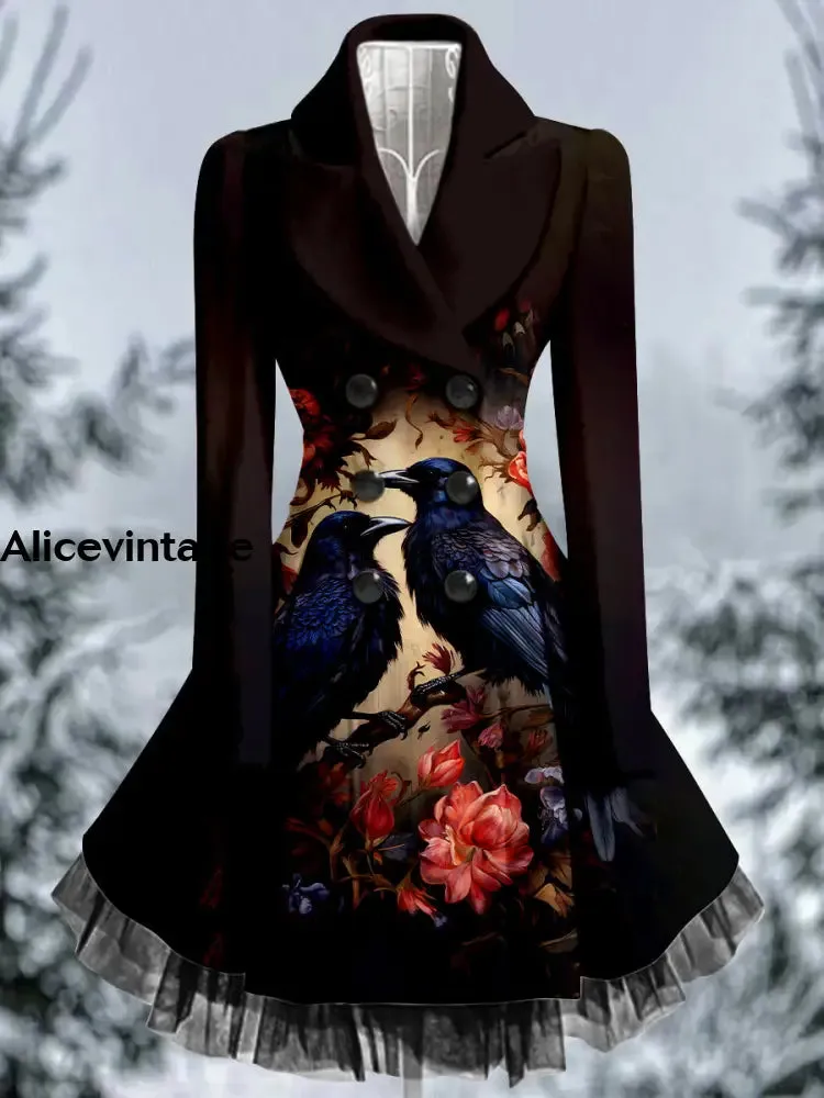 Crow Art Print Vintage Elegant Lapel Button Up Long Sleeve Coat Dress