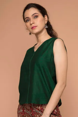 Dark Forest Green Top in Hand Loom Cotton from Sambalpur