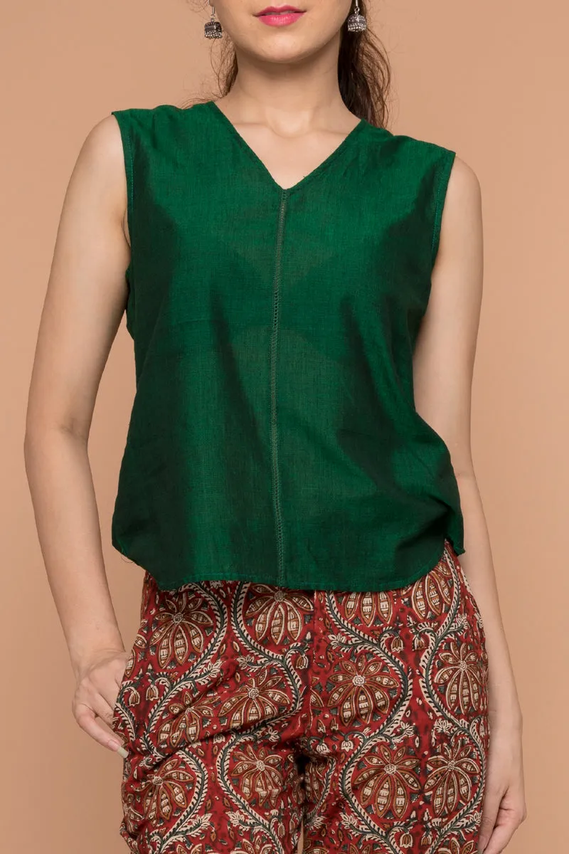 Dark Forest Green Top in Hand Loom Cotton from Sambalpur