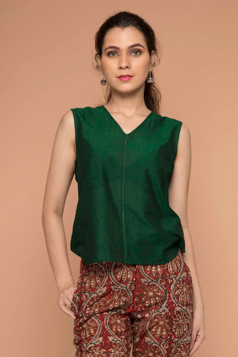 Dark Forest Green Top in Hand Loom Cotton from Sambalpur