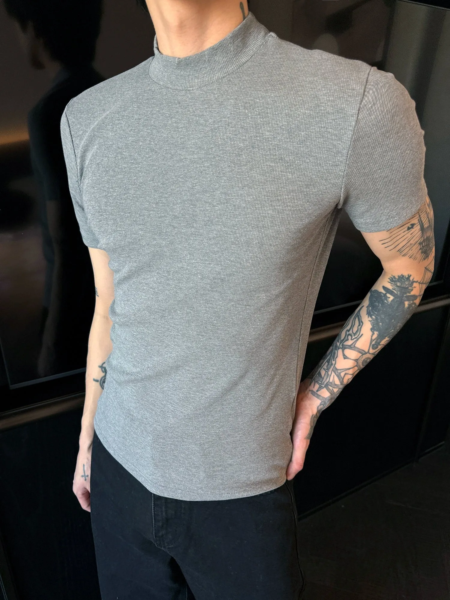 Elastic Half Turtleneck Short Sleeve Pullover