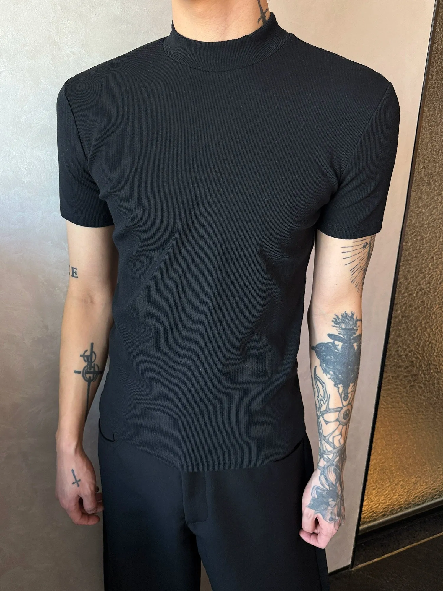 Elastic Half Turtleneck Short Sleeve Pullover