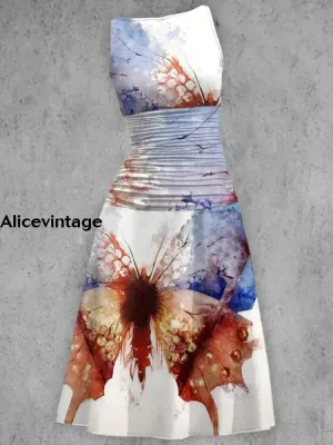 Elegant Bandhnu Butterfly Printed V-Neck Sleeveless Fashion Midi Dress