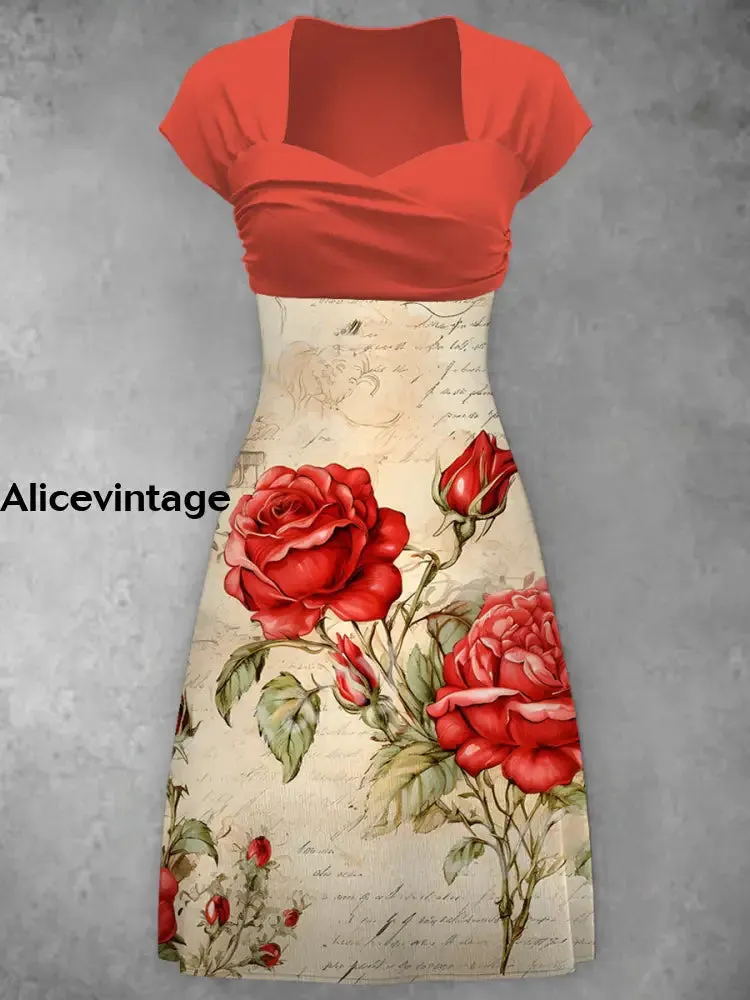 Elegant Baroque Flower Print V-Neck Short Sleeve Midi Dress