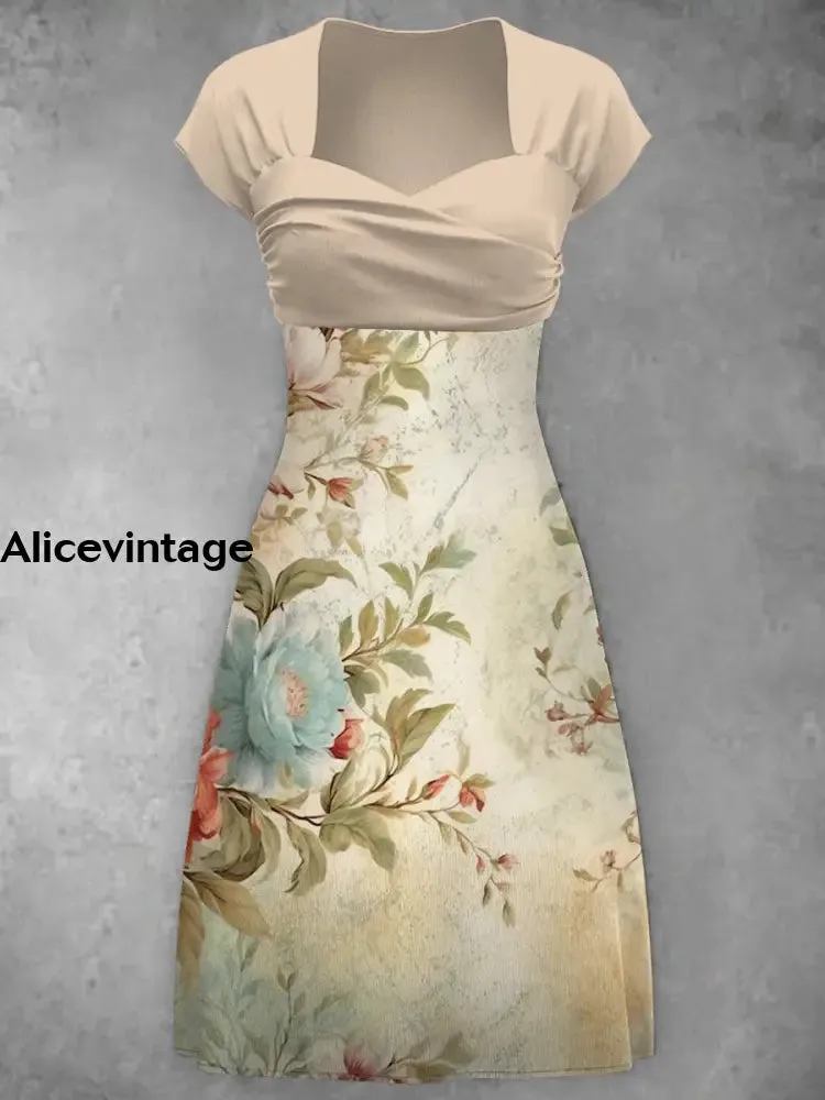 Elegant Flower Print V-Neck Short Sleeve Vintage Midi Dress
