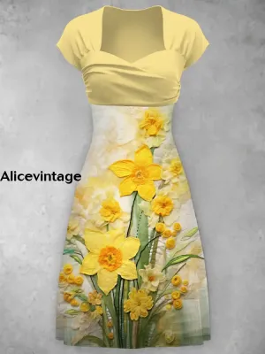 Elegant Iris Narcissiflora Print V-Neck Short Sleeve Midi Dress