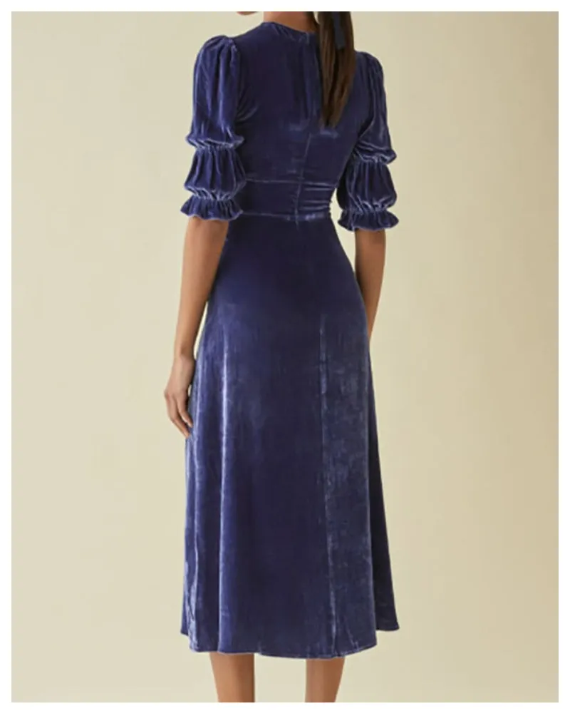 Elegant Lantern Sleeve Elastic Velvet Waist Midi Dresses