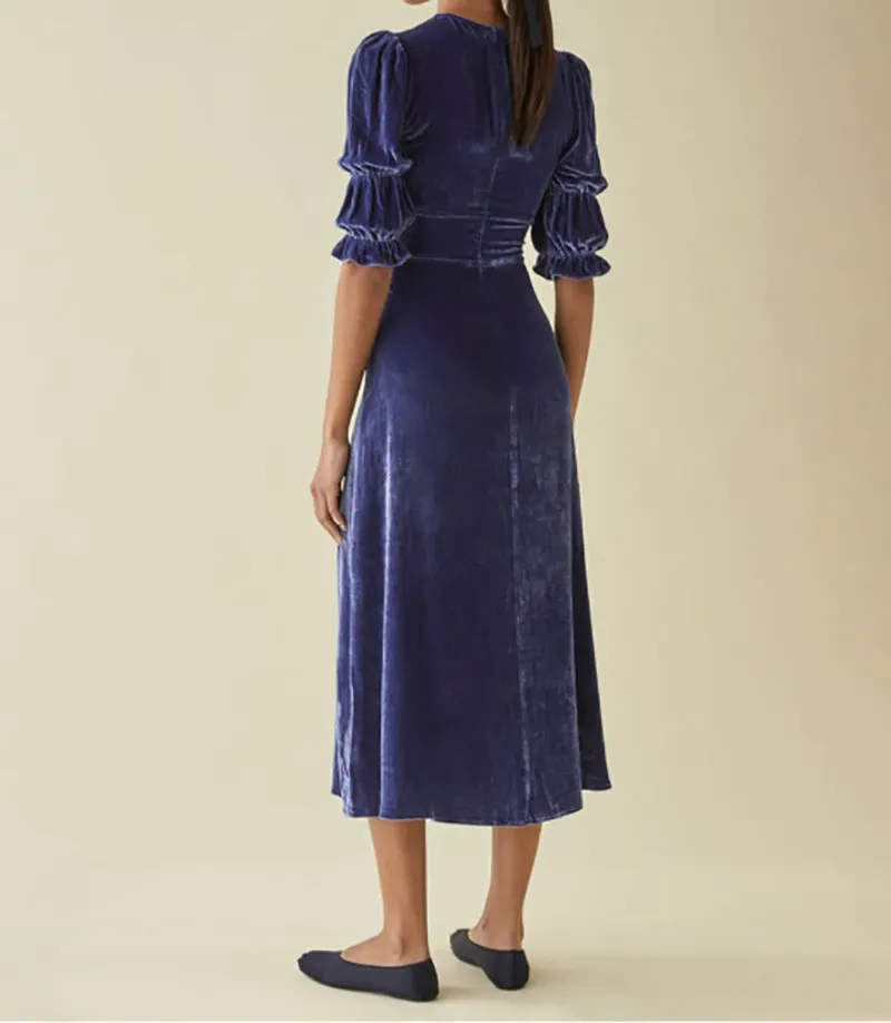 Elegant Lantern Sleeve Elastic Velvet Waist Midi Dresses