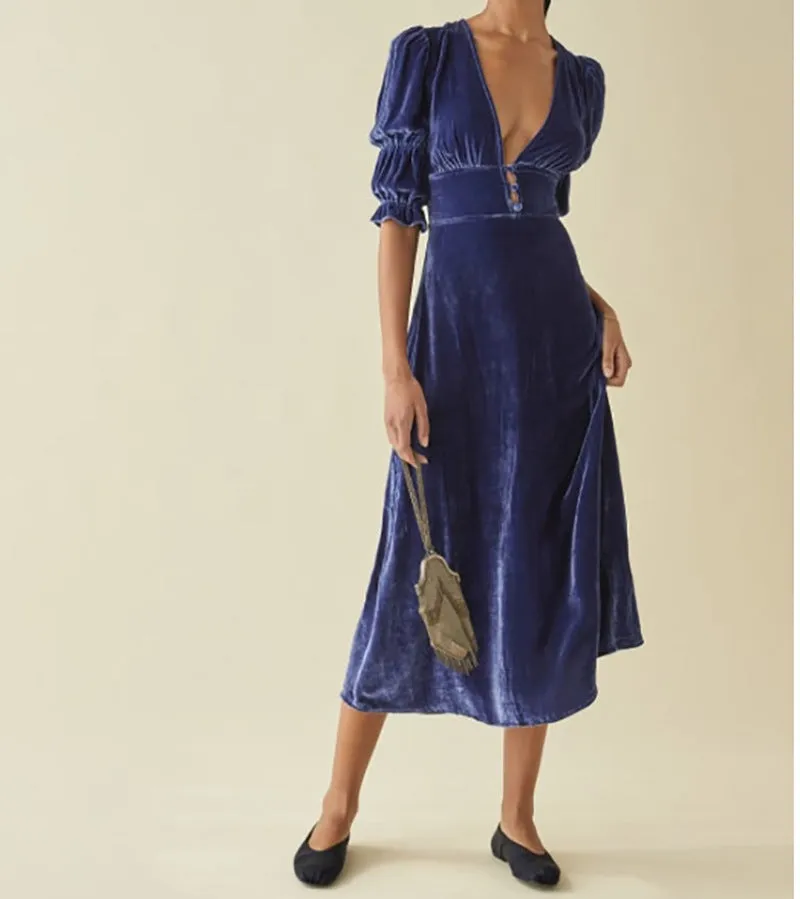 Elegant Lantern Sleeve Elastic Velvet Waist Midi Dresses