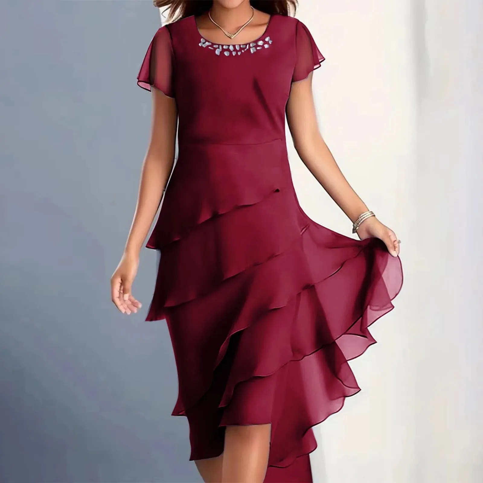 Elegant Layered Chiffon Midi Dress – Flowy Asymmetrical Ruffle Hem Cocktail Dress - Plus Sizes