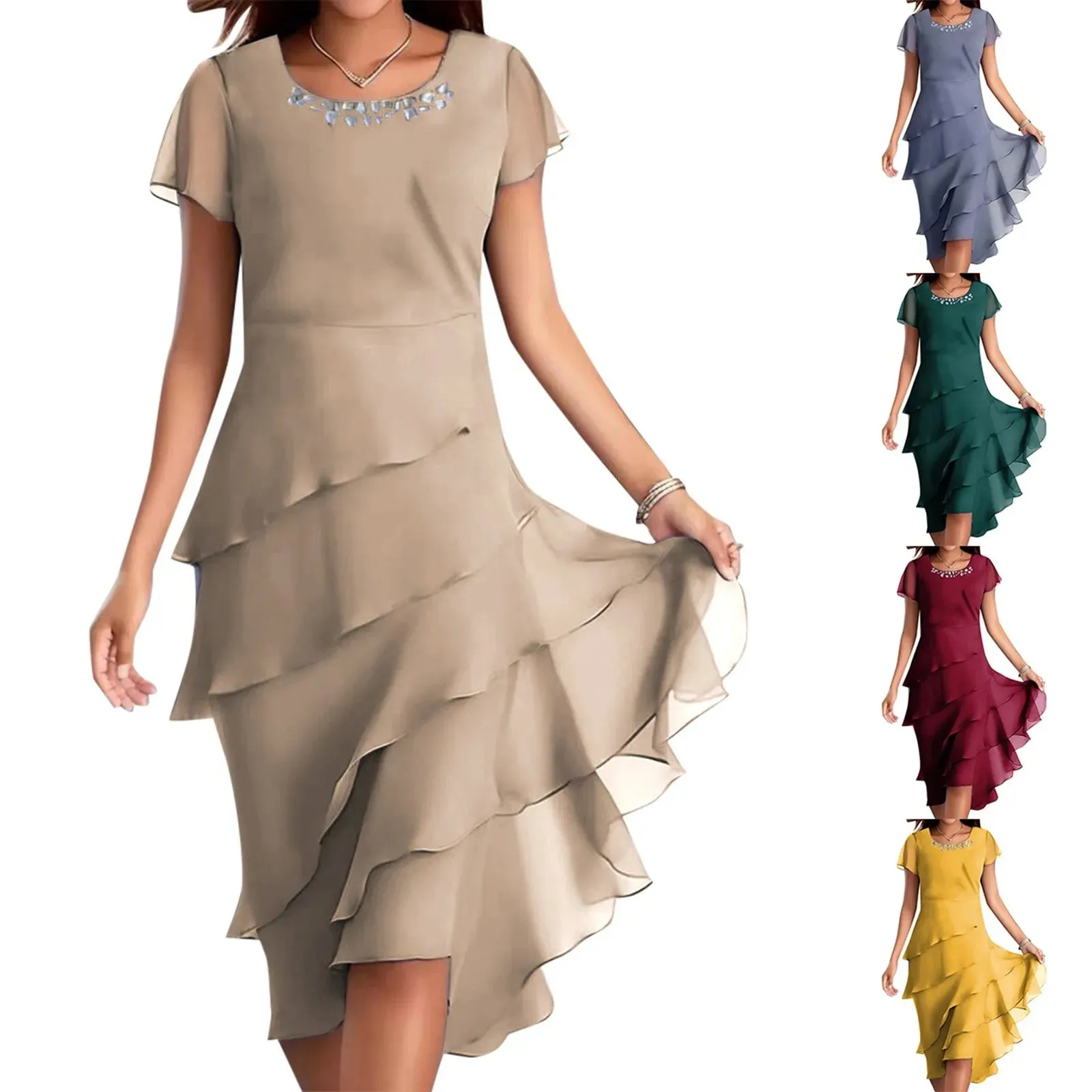 Elegant Layered Chiffon Midi Dress – Flowy Asymmetrical Ruffle Hem Cocktail Dress - Plus Sizes