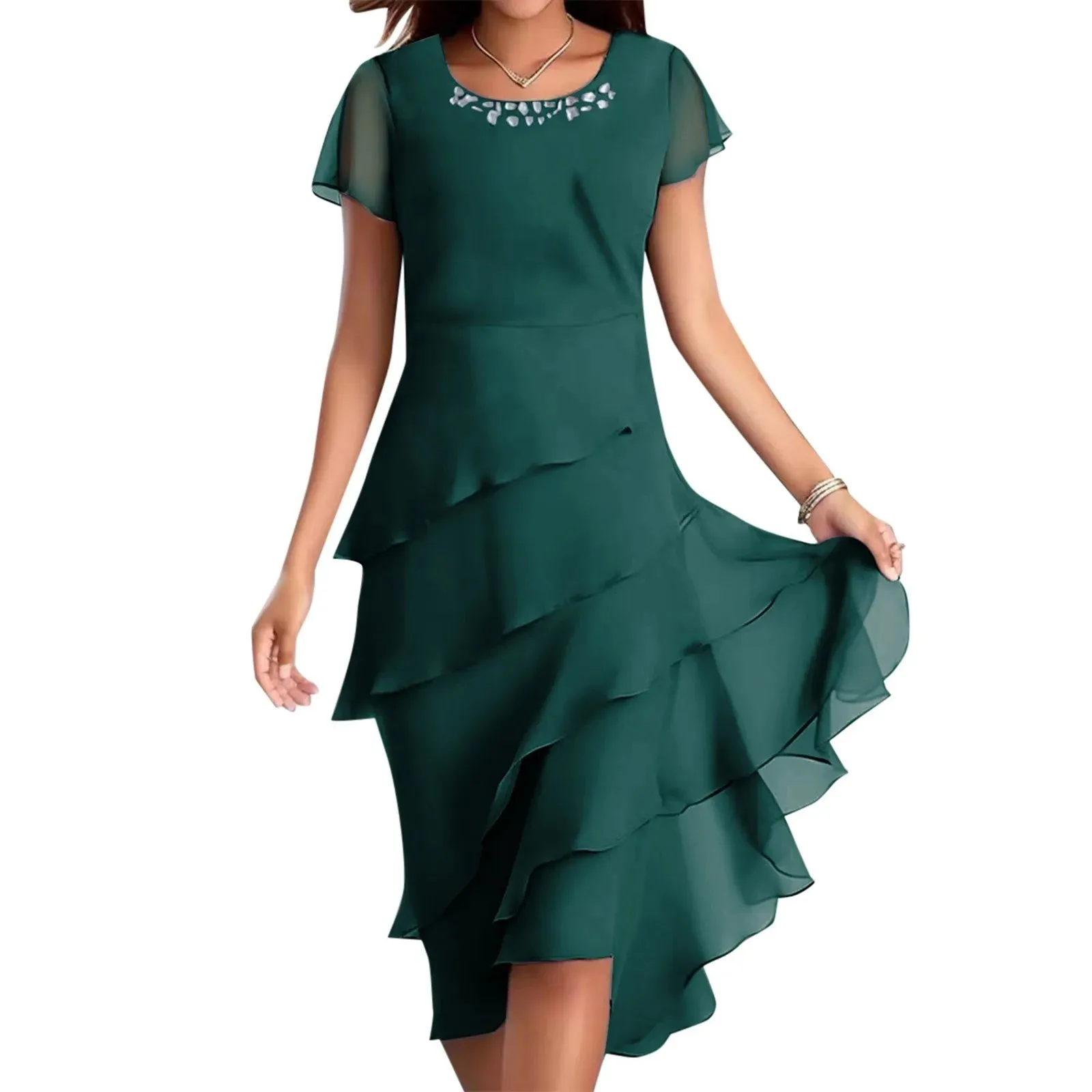 Elegant Layered Chiffon Midi Dress – Flowy Asymmetrical Ruffle Hem Cocktail Dress - Plus Sizes