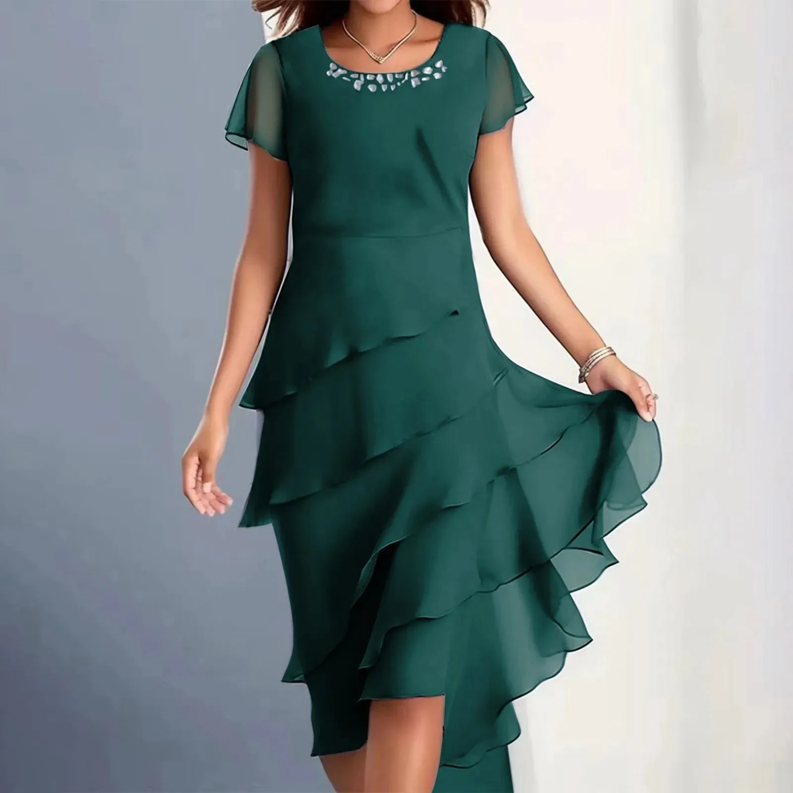 Elegant Layered Chiffon Midi Dress – Flowy Asymmetrical Ruffle Hem Cocktail Dress - Plus Sizes