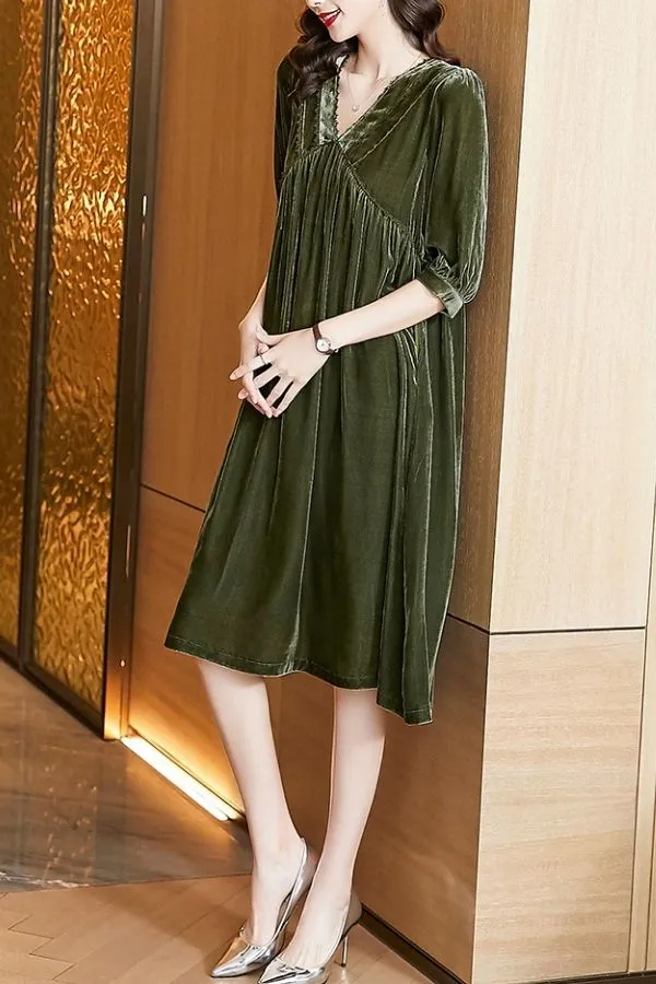 Elegant Milk Silk V Neck Midi Dress