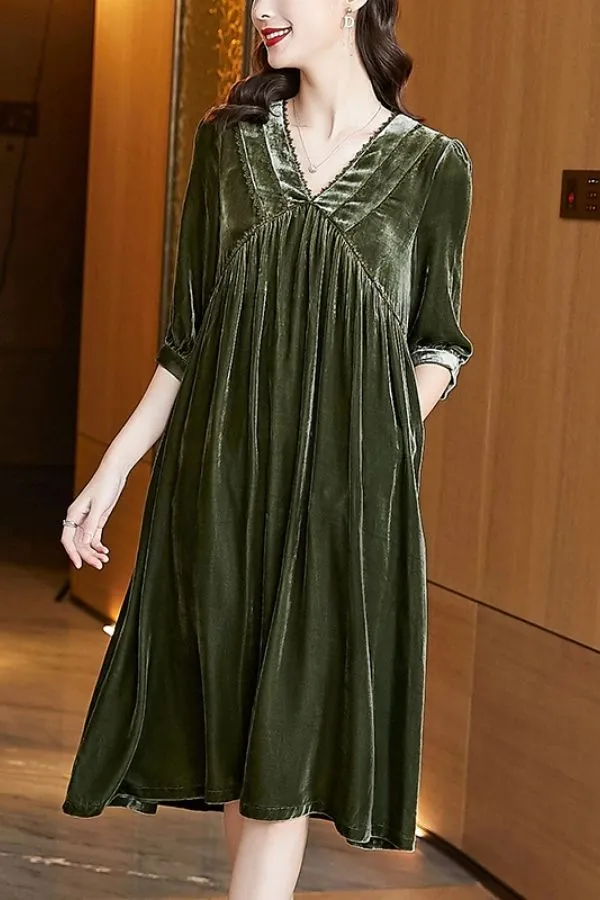 Elegant Milk Silk V Neck Midi Dress
