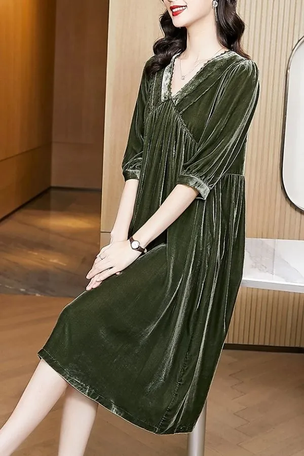 Elegant Milk Silk V Neck Midi Dress