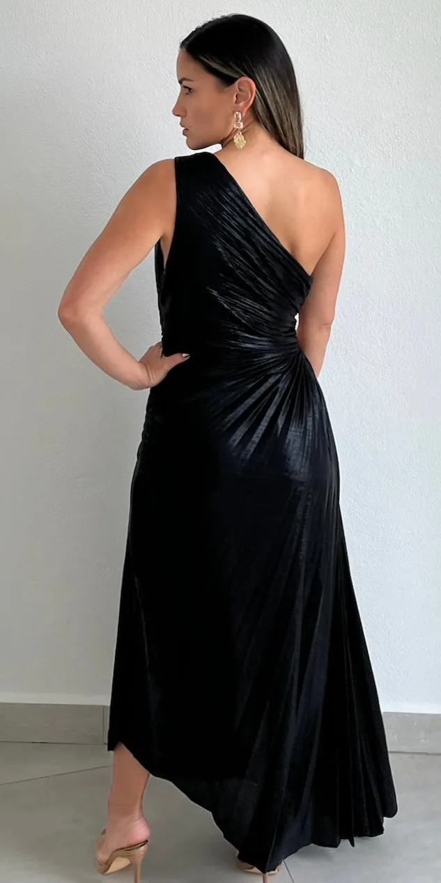 Elegant Occasion Black One-Shoulder Midi Dress