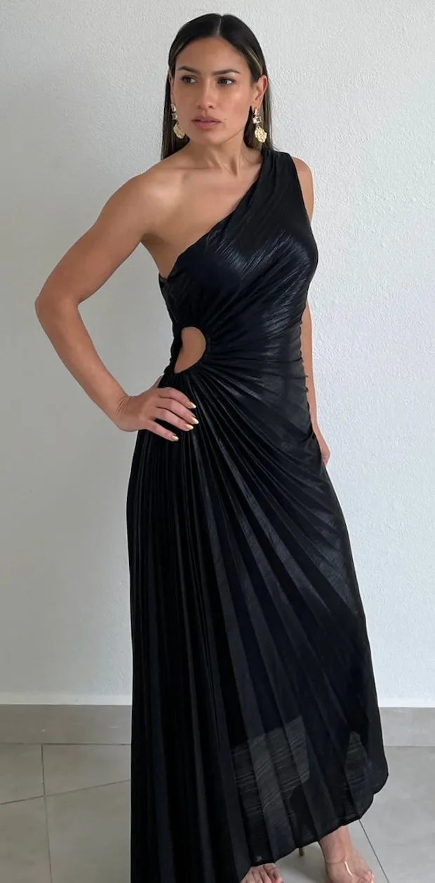 Elegant Occasion Black One-Shoulder Midi Dress