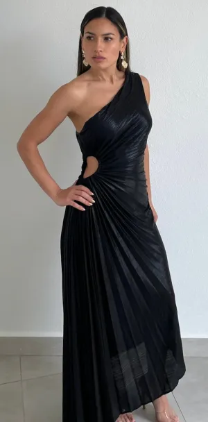 Elegant Occasion Black One-Shoulder Midi Dress