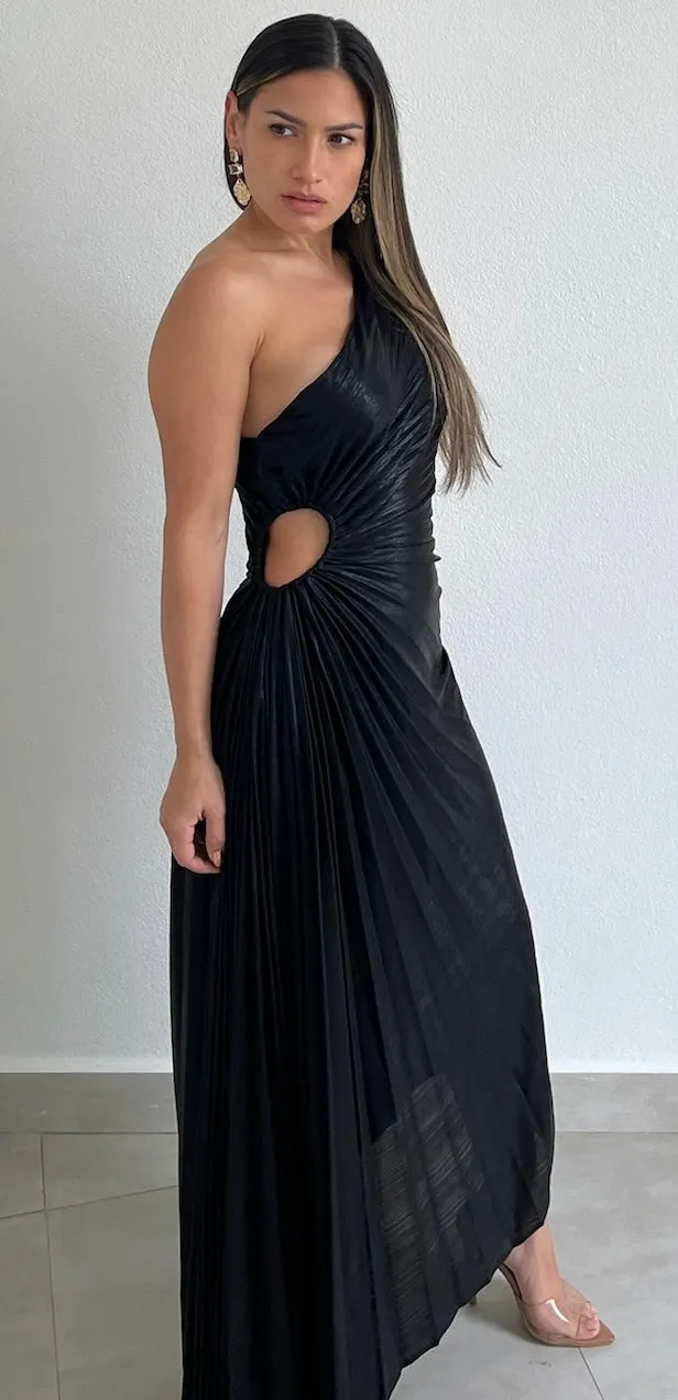 Elegant Occasion Black One-Shoulder Midi Dress