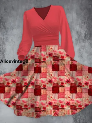 Elegant Pink Rose Check Print V-Neck Long Sleeve Fashion Midi Dress
