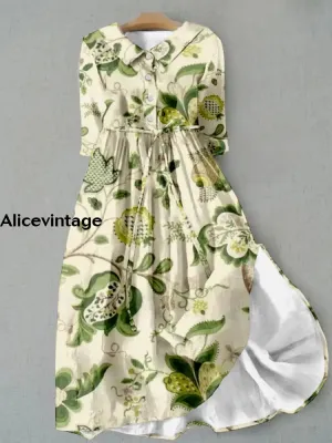 Elegant Plant Printed V-Neck Button Vintage Fashion Half Sleeve Midi Dress