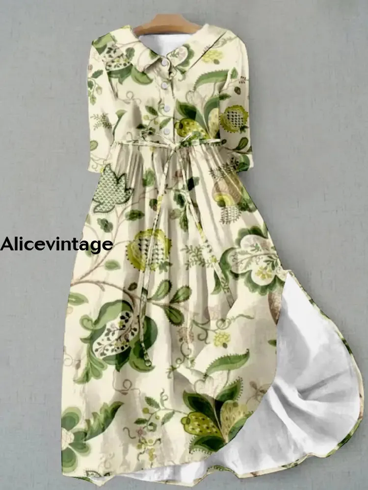 Elegant Plant Printed V-Neck Button Vintage Fashion Half Sleeve Midi Dress