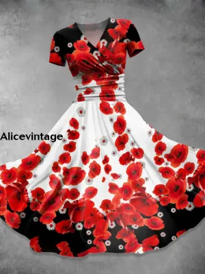 Elegant Red Floral Print V-Neck Short Sleeve Midi Dress