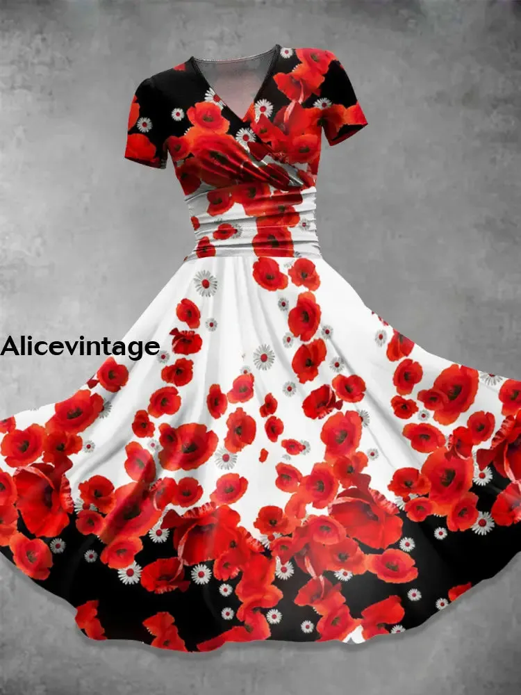 Elegant Red Floral Print V-Neck Short Sleeve Midi Dress