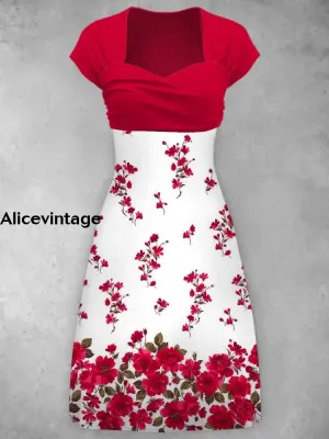 Elegant Red Flower Print V-Neck Short Sleeve Midi Dress