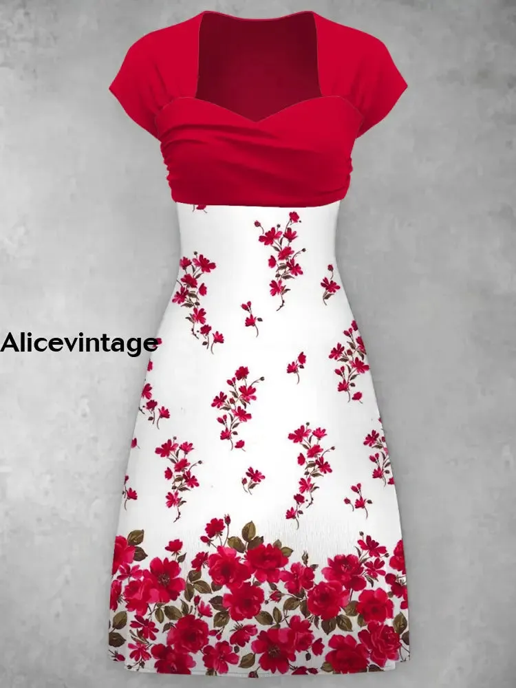 Elegant Red Flower Print V-Neck Short Sleeve Midi Dress
